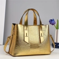 Golden crocodile embossed large tote bag with top handles and adjustable shoulder strap - Gold
