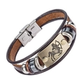 Dark brown leather multi-layer bracelet with bronze Sagittarius sign and steel clasp - Sagittarius
