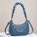 Blue half-moon leather shoulder bag with pleated handle and silver moon chain charms - Blue