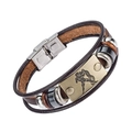Pulsera vintage de cuero marrón con signo zodiacal Acuario y dijes de bronce antiguo - Acuario