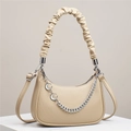 Elegant beige half-moon crossbody bag with vertical pleated texture and silver chain - Khaki
