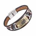 Pulsera retro de cuero marrón para hombre con signo Leo y cierre de acero inoxidable - Leo