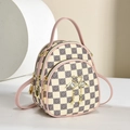 Checkered mini backpack with golden swan clasp and pearl chain detail for women - Pink