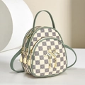 Mini floral checkered dome backpack with green leather straps and swan metal ornament - Dark Green