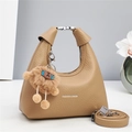 Khaki hobo handbag with litchi texture, bear charm and long adjustable shoulder strap - Khaki