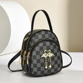 Mini checkerboard backpack with gold swan heart pendant and versatile shoulder straps - Black