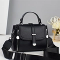 Elegant black lychee textured leather tote bag with silver hardware and wide shoulder strap - Black