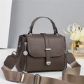 Dark taupe pebbled leather crossbody bag for women with wide fabric strap and top handle - Gray