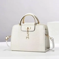 White crocodile pattern handbag for women with gold circular handles and deer pendant - White
