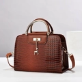 Chic dark brown crocodile texture handbag with round gold handles and deer charm - Khaki/Earth Yellow