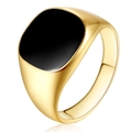 Detailed macro view of a classic gold-toned signet ring featuring a sleek black enamel inlay top. - Size 7 / Gold