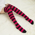 Detail of pink and black striped over-knee socks in elastic knit cotton fabric - One Size / Rose Red and Black Wide Stripes