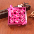 Detail of 9 pink gradient soap roses in a purple gift box with a pink ribbon bow - Pink Mix
