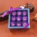 Detailed view of nine purple gradient soap flowers in an elegant gift box with ribbon - Purple Mix