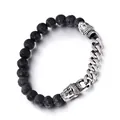 Lava stone bead bracelet with silver Buddha heads and stainless steel chain links - Buddha Head Lava Stone Stitching Style