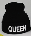 Classic black knitted beanie for women featuring white 3D embroidered QUEEN text on front - M / Black / QUEEN Embroidery / White