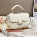 Chic cream white litchi pattern leather tote bag with stylish woven wide shoulder strap - Off-white