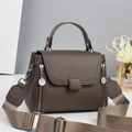Deep taupe pebble grain leather crossbody bag with adjustable wide nylon shoulder strap - Gray