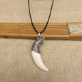 Mens wolf tooth necklace featuring carved silver tiger head and white resin fang pendant - Leopard Head Pendant + Wax Cord