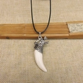 Wolf tooth pendant necklace with silver dragon head detail and black cord string - Dragon Head Pendant + Wax Cord