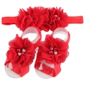 Ensemble bandeau et sandales pieds nus rouges pour bébé avec fleurs en perles et strass - Rouge