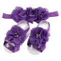 Ensemble bandeau et sandales pieds nus pour bébé violet avec fleurs en perles - Violet foncé