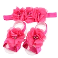 Ensemble bandeau et fleurs de pied rose pour bébé avec perles et strass en mousseline - Rouge Rose