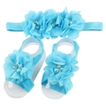 Ensemble bandeau et chaussures bleus pour bébé avec fleurs en mousseline et perles - Bleu