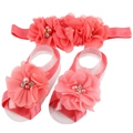 Ensemble bandeau et sandales pieds nus roses pour bébé avec perles et dentelle - Rouge pastèque