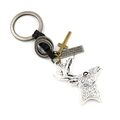 Vintage metal elk deer head keychain with leather strap, cross and engraved tag - Antique Silver
