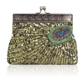 Vintage golden beaded evening clutch with embroidered peacock pattern and metal frame - Gold