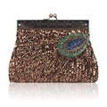 Vintage brown handmade bead embroidered clutch bag with peacock feather pattern design - Coffee
