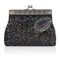 Black vintage beaded evening bag with colorful peacock feather embroidery and metal frame - Black