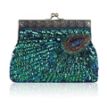 Exquisite handmade beaded evening clutch bag with peacock feather pattern and metal clasp - Teal