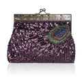 Exquisite purple sequin evening clutch bag with colorful peacock feather beadwork pattern - Purple
