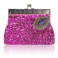 Handmade rose red sequin beaded clutch bag with peacock feather pattern and bronze frame - Rose Red