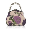 Vintage handmade beaded linen handbag with purple rose patterns and bronze metal frame - Purple