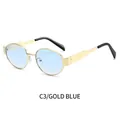 Lunettes de soleil ovales en métal doré avec verres bleu clair transparents, modèle C3 - Monture Dorée Verres Bleus