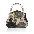 Beaded floral linen handbag with vintage bronze frame and elegant metallic handle - Black