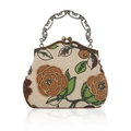 Handmade bead-embroidered linen handbag with floral patterns and metal handle - Yellow