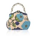 Handmade bead embroidered linen handbag with vintage floral patterns and bronze handle - Blue