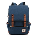 Vintage blue canvas travel backpack with brown leather straps and front pocket detail - 14" / Dark Blue