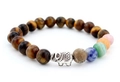 Tiger eye beaded bracelet with silver elephant charm and seven chakra stones - Colorful
