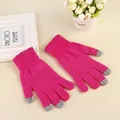 Guanti in maglia rosa acceso per touch screen con punte grigie e polsini a costine - L / Rosa Rosso