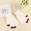 Detail of white knit touchscreen gloves with purple fingertips and ribbed elastic cuffs - L / White