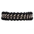 Vintage braided black leather and silver metal chain bracelet for men in minimalist style - Black