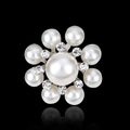 Elegant floral round pearl brooch with crystal rhinestones on a silver base and reflection - Nine-Pearl Floral Style (D004-A)