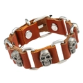 Punk brown leather bracelet for men featuring metallic silver skull charms and buckle strap - Brown