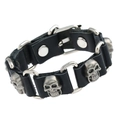 Punk black leather bracelet for men with metal skulls and adjustable snap closure - Black