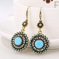 Retro sunflower earrings in bronze with turquoise center and rhinestones - Antique KC Gold + Turquoise Blue